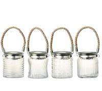 Lampe solaire LED en verre avec poignée en jute - 7,5 x 9 cm - 1 pièce assortie - Transparent/blanc chaud - Lampe solaire pour jardin, balcon, extérieur - Décoration extérieure - Verre solaire