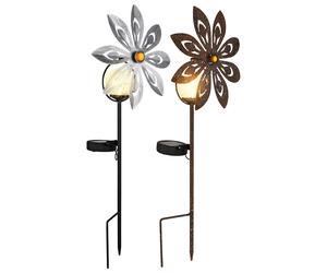 Lampe solaire LED Moulin à vent couleur rouille Décoration de jardin Lampe de terrasse argentée grise Lampe extérieure Piquet de terre, métal, verre brisé, blanc chaud, LxH 20x50 cm, lot de 2