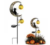 Lampe solaire pour Halloween en forme de chat noir en forme de citrouille et lune - Étanche - Lanterne en forme de citrouille à suspendre - Piquet en métal pour Halloween (double lanterne citrouille)
