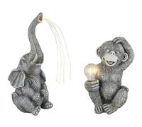 Lampe solaire Singe Boule Décoration de jardin Figure animale Aspect pierre Lampe solaire Éléphant, gris, LED blanc chaud, lot de 2