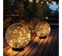 Lampe à fiche, fumée, lampe solaire, lampe d'extérieur, lampe boule, noir, fil lumineux, LED blanc chaud, D 20/25 cm, lot de 2