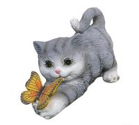 Lampe solaire sur pied en forme de chat et papillon pour jardin, terrasse, gris