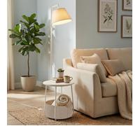 Lampe sur Pied 3-en-1, avec Table d’Appoint, Panier en Tissu, Lampadaire, Abat-Jour Orientable, Acier, Blanc