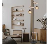 Lampe Sur Pied En Bois 2 Flammes E27 Verre Ambre Réglable