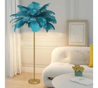 Lampe sur Pied en Plumes d'autruche Naturelles, lampadaire en Plumes, Lampe de décoration Simple pour Chambre à Coucher et Salon, Corps de Lampe doré, intensité Variable,Bleu