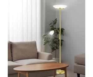 Lampe sur pied Lampadaire Salon Lampe de lecture métal laiton avec spot de lecture flexible, interrupteur séparé, abat-jour en verre, 2x E27 1x E14, DxH 34x180 cm