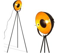 Lampe sur pied vintage trépied “Bremen”, style industriel nordique, abat-jour métal doré et noir.