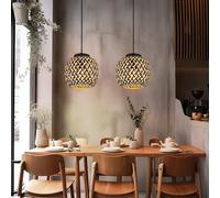 Lampe suspendue suspension lampe de table à manger lampe de salon lampe de cuisine, réglable en hauteur bambou métal naturel noir style bohème, 1x douille E27, DxH 20x120cm, lot de 2