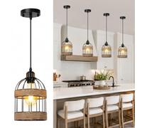 Lampe suspendue LED pour table à manger - 4 ampoules - Réglable en hauteur - Noir - E27 - Vintage - En rotin - Pour salle à manger, île de cuisine, salon, industriel bohème