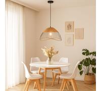 Suspension cage métal noir salle à manger suspension rotin bois tressé, douille E27, DxH 48x120 cm