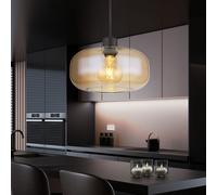 Suspension lampe de salon ambre lampe de table à manger suspension moderne, abat-jour en verre bulbeux, métal noir mat, 1x E27, DxH 28x120 cm