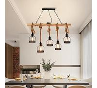 Lampe Suspendue Vintage en Bois et Corde de Chanvre, réglable en Hauteur, luminaire Suspendu rétro Industriel en Fer, pour Chambre à Coucher, hôtel, Bar, Restaurant, plafonnier E27 x 5 A