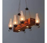 Lampe Suspension Industrielle rétro Bois avec Ampoule E27 6 Flammes métal, plafonnier Rustique réglable en Hauteur pour Salle à Manger, loft, de Salon