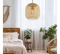 Lampe à suspendre Plafonnier Salon Suspension en bambou aspect boho naturel, métal noir, 1x E27, DxH 23x135 cm