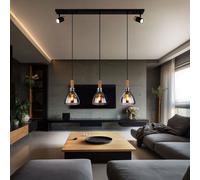 Suspension, noir, moderne, lampe de table à manger, 5 spots de flamme, pivotant, aspect bois, verre métal, fumé, douille GU10/E27, LxlxH 95x16x120 cm