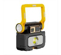 Lampe torche LED solaire multifonctionnelle portable rechargeable pour le camping et le travail, avec boîte à outils intégrée.