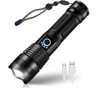 Lampe Torche LED Ultra Puissante,4300 Lumens,USB rechargeable,5 Modes Torche Lampe de Poche Intensité Ajustable Zoomable étanche,Noi