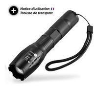 Lampe Torche LED Ultra puissante. XML-T6 Lampe Torche Militaire utilisable pour vélo ou randonnées et 5 Modes Dont Flash Anti-agression, zooms et portée de 1km. Conception Antichoc Noir