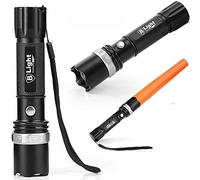 Lampe torche rechargeable à LED - Puissante - portée de plus de 200 m - 3 modes et Zoom + batton orange
