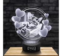 Lampephoto.fr, Reveil et Enceinte Bluetooth Personnalisée par Gravure Laser, Cadeau Photo Famille, Chat, Chien Personnalisable, Gravure sur plexiglass, idée Cadeau de Noël, Anniversaire. (Rond Coeur)