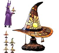 Lampes à chapeau de sorcière, vitrail de lampe Tiffany à chapeau de sorcière, lumières en forme de sorcier gothique faites à la main pour la décoration d'Halloween, avec un charme mystique (Jaune)