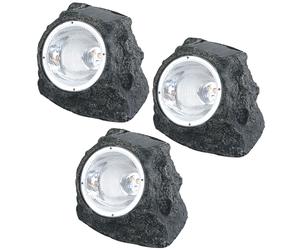 Lampes de décoration de jardin aspect pierre Lampes solaires pour jardin extérieur Décoration de terrasse à LED solaire, plastique gris, 2x LED 3000K, LxlxH 16,5x12,3x10,5 cm, lot de 3
