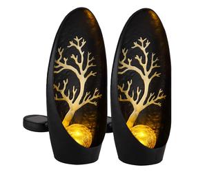 Lampes solaires de décoration de jardin pour l'extérieur, décoration de balcon extérieur, noir, argent, arbre, boule de verre, batterie métal IP44, 1x LED, LxlxH 14x7x30cm, lot de 2