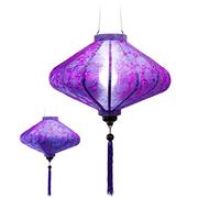 Lampion Traditionnel Asiatique en Soie Mauve avec Motif Bleuté, P Ø45cm - Lanterne de Hoi an en Tissu, Bambou et Bois, Fait Main - Décoration et Artisanat du Vietnam (P25-M)