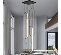 LAMPLAY Lustre Moderne, 4 LED Avec Anneaux En Diamant Noir, Lustre De Villa Réglable En Hauteur, Éclairage De Salon À Télécommande 3000K-6000K, Gradation, Couloir, Salon, Escaliers, Villa