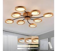 LAMPLAY Plafonnier LED Moderne, Lustre Ø114cm Dimmable Avec Télécommande 3000K-6000K, Bras Noir + 8 Anneaux En Bois, Abat-Jour Cercle En Métal, Salon Chambre Salle À Manger Bureau
