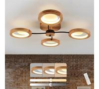 LAMPLAY Plafonnier LED Moderne, Lustre Ø74cm Dimmable Avec Télécommande 3000K-6000K, Bras Noir + 4 Anneaux En Bois, Abat-Jour Cercle En Métal, Salon Chambre Salle À Manger Bureau