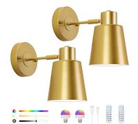 Lampop Applique murale à piles pour salon, applique murale dorée rechargeable, ampoules à intensité variable avec 15 couleurs d'éclairage, applique murale d'intérieur sans fil pour chambre à coucher
