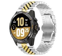 Lamshaw le bracelet Compatible TicWatch Atlas, 20mm,22mm,24mm bracelet en acier inoxydable solide avec boucle déployante papillon, compatible avec les versions TicWatch Atlas (Or-Argent, 24mm)