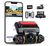 LAMTTO 360 Degrés Dashcam Voiture Avant Arrière 4 Canaux Camera Embarquée Contrôle de l'application Wi-FI 5G Surveillance du Stationnement Vision Nocturne IR Kit de Câblage pour SD 128GB Incluse