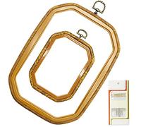 LAMXD Lot de 2 cercles à broder ronds rectangulaires en imitation bois pour point de croix - 16 aiguilles à coudre avec œillet doré