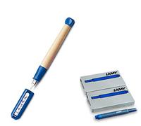 LAMY ABC 009 Stylo plume en bois d'érable et plastique de couleur bleu plume en acier poli - Épaisseur du ressort A (débutant) (plume LH, stylo plume + cartouches, bleu)