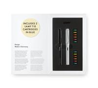 Lamy safari multicolor set de stylos plume - 2 stylos plume entièrement noirs et blancs - plume de largeur M - avec 2 cartouches d'encre bleues, 12 anneaux colorés interchangeables et coffret cadeau