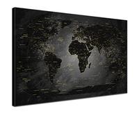 LANA KK - Carte du Monde sur Toile - Tableau d'Affichage en Liège pour Épingler Vos Objectifs - Planisphère Noir - Français - Globe 80x60 cm