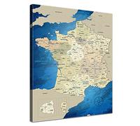 LanaKK - Image sur Toile France Blue Ocean Carte de la France - français - avec Panneau arrière en liège pour épingler Destinations de Voyage - avec Impression en Bleu, en 70 x 100 cm
