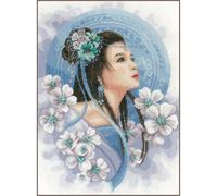 Lanarte Point De Croix Compté Tableau Kit Complet DIY Broderie Motif DAME ASIATIQUE EN BLEUPatron Adulte Art Creatif Decoration Salon Activité Manuelle Cadeau ca. 30 x 41 cm Counted Cross Stitch