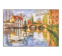LANARTE Point De Croix Compté Tableau Kit Complet DIY Broderie Motif LES CYGNES DE BRUGES Patron Adulte Art Creatif Decoration Salon Activité Manuelle Cadeau ca. 52 x 36 cm Counted Cross Stitch