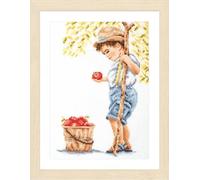 LANARTE Point De Croix Compté Tableau Kit Complet DIY Broderie Motif Niño con manzanas Patron Adulte Art Creatif Decoration Salon Activité Manuelle Cadeau ca. 20 x 30 cm Counted Cross Stitch