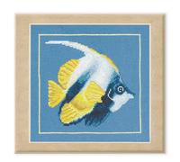 LANARTE Point De Croix Compté Tableau Kit Complet DIY Broderie Motif POISSON D'ANGLE JAUNEPatron Adulte Art Creatif Decoration Salon Activité Manuelle Cadeau ca. 21 x 20 cm Counted Cross Stitch