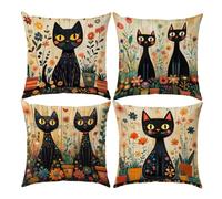 LANBEIDE Lot de 4 housses de coussin motif chat noir - 45 x 45 cm - Motif chat gothique et fleurs - Décoration pour la maison, le salon, le canapé - 45 x 45 cm