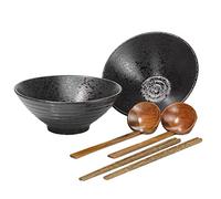 Lanbent 2 Ensembles (6 pièces) Bol à Soupe Ramen Japonais en Porcelaine, Grandes Saladier Cuillère et baguettes, Va au Lave-vaisselle et au Micro-ondes, pour Nouilles Asiatiques, Noir (24cm)