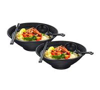 Lanbent 2 Pièces Japonais Ramen Bol Set, 1000ML Bols à Soupe avec Baguettes et Cuillère, Cuisine Restaurant Hôtel Vaisselles Utilisé pour Salade Riz Dessert Pâtes, Noir