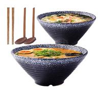 Lanbent Lot de 2 bols à soupe japonais en céramique de 22,9 cm (6 pièces) 1600 ml avec cuillère et baguettes assorties, pour nouilles instantanées, soupe, nouilles, pho, udon(Noir)