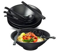Lanbent Lot de 4 Bols Japonais en Ramen, Bol à Soupe antidérapant de avec cuillère et Baguettes, Bol à Multifonction pour pâtes, Fruits, Nouilles et salades (Noir)