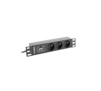 Lanberg PDU-03E-0200-BK Unité de Distribution Énergie 1U, 3 Prises Type E, 220-250V, 16A, Câble 2m, Voyant Activité, Montage Horizontal, Noir