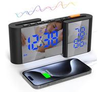 Lancoon Réveil Radio Numérique Horloge LED à Miroir 6'' avec Température et Humidité Double Réglage l'alarme Volume Réglable sur 15 Niveaux Noir-Bleu